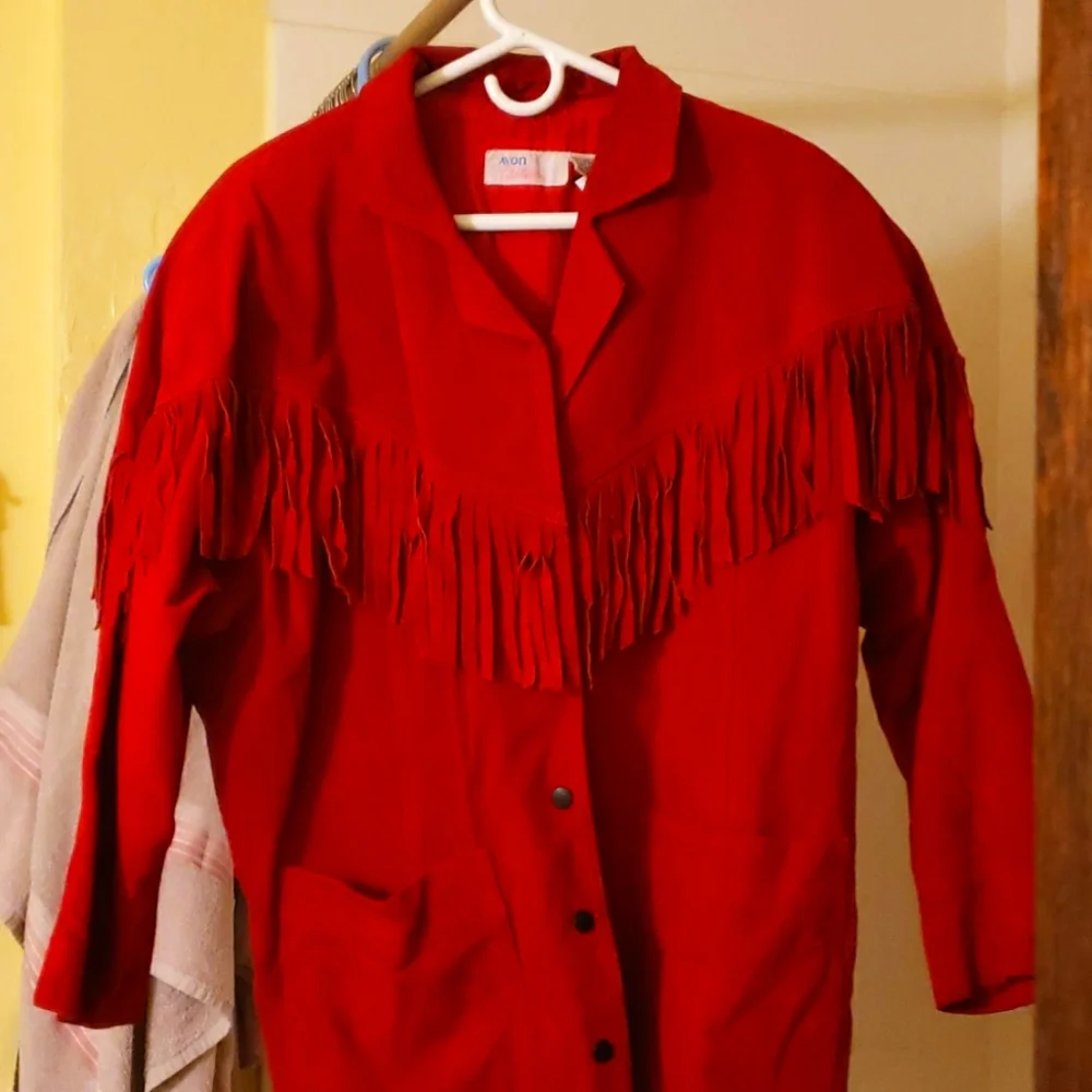 Vintage Avon Fashions Red Fringed Suede 80s 90s Leather Collar Jacket ❤ - Picture 1 of 14